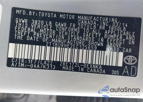 2014 Toyota Corolla Le Premium z USA, uszkodzony, nr VIN 2T1BURHE2EC125659